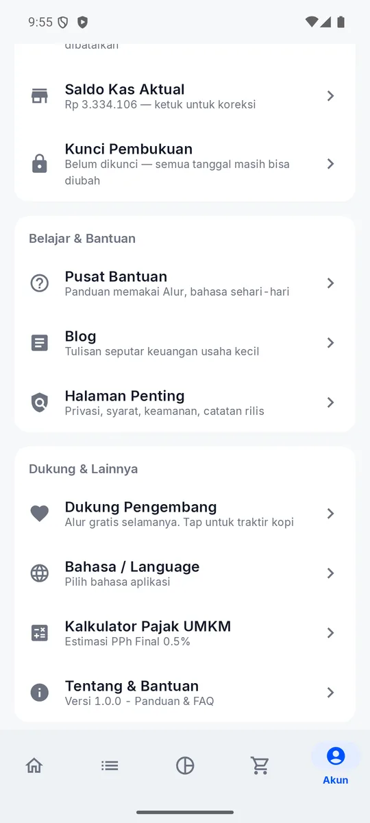 Layar Pengaturan Alur menampilkan seksi Belajar & Bantuan serta Dukung & Lainnya, tempat menu Backup, Restore, dan Kunci Periode dapat ditemukan.