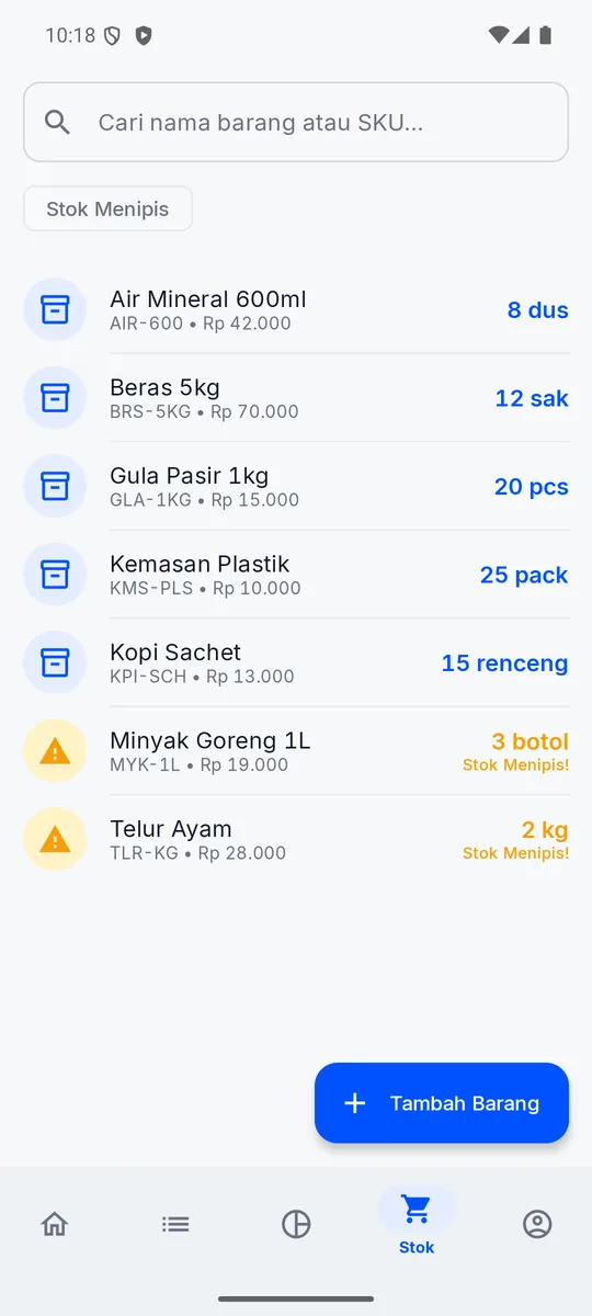 Layar Daftar Stok Barang di Alur menampilkan daftar barang dagangan beserta jumlah stok masing-masing, tempat memantau barang mana yang sudah menipis.